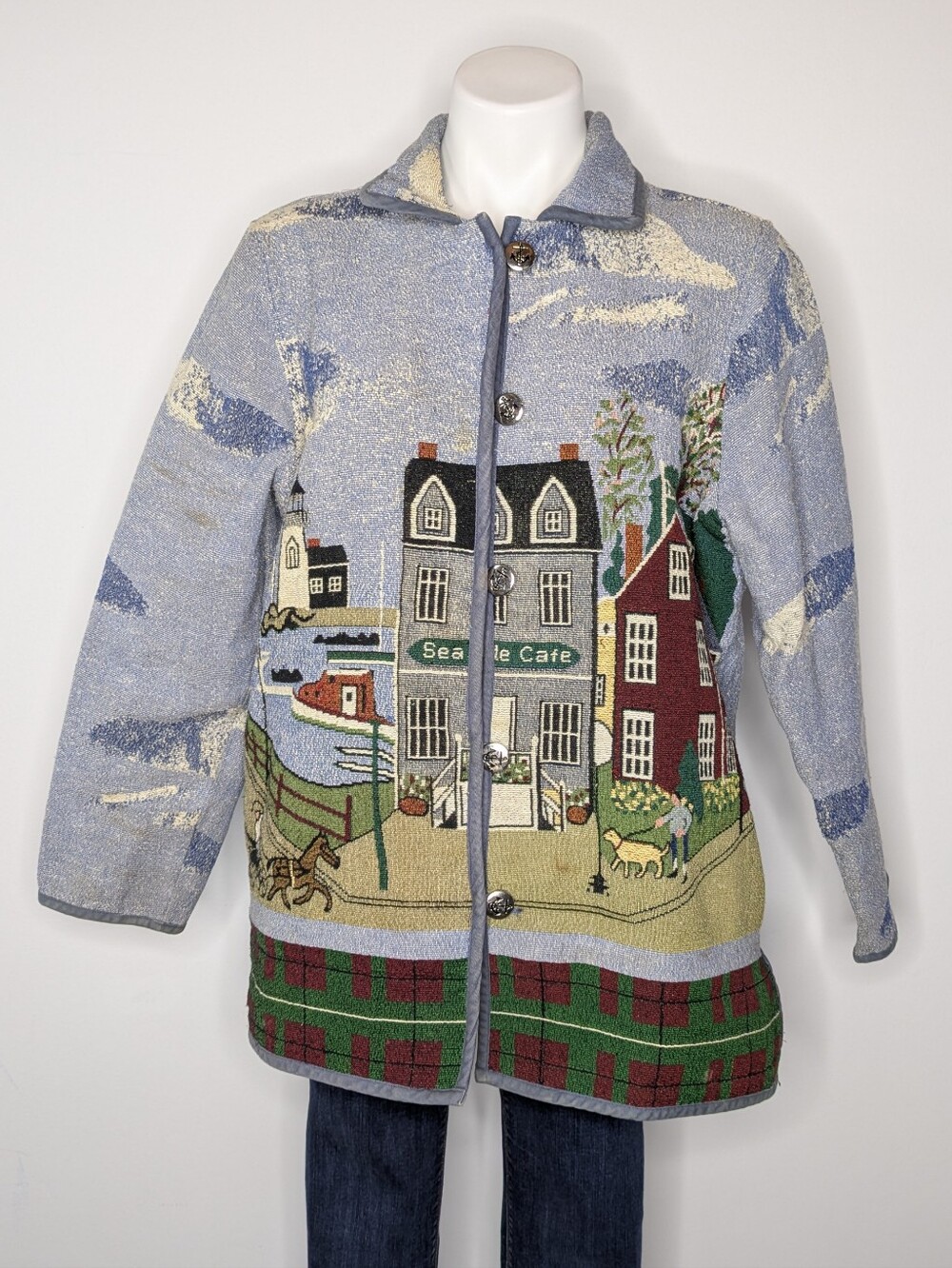 Vintage Blair Blue Seaside Sea Town Novelty Button Up Denim Tapestry Jacket L